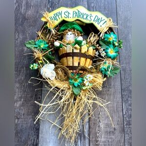 Vintage 13” “HAPPY ST. PATRICK’S DAY!” grapevine Wreath w/plush doll in basket